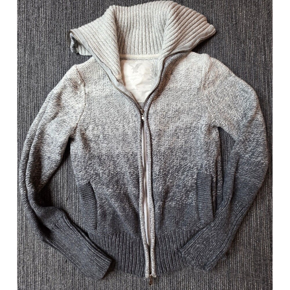 American Eagle Zip Up Sweater Size Large Fitted Gray Ombre Y2K Preppy Collared